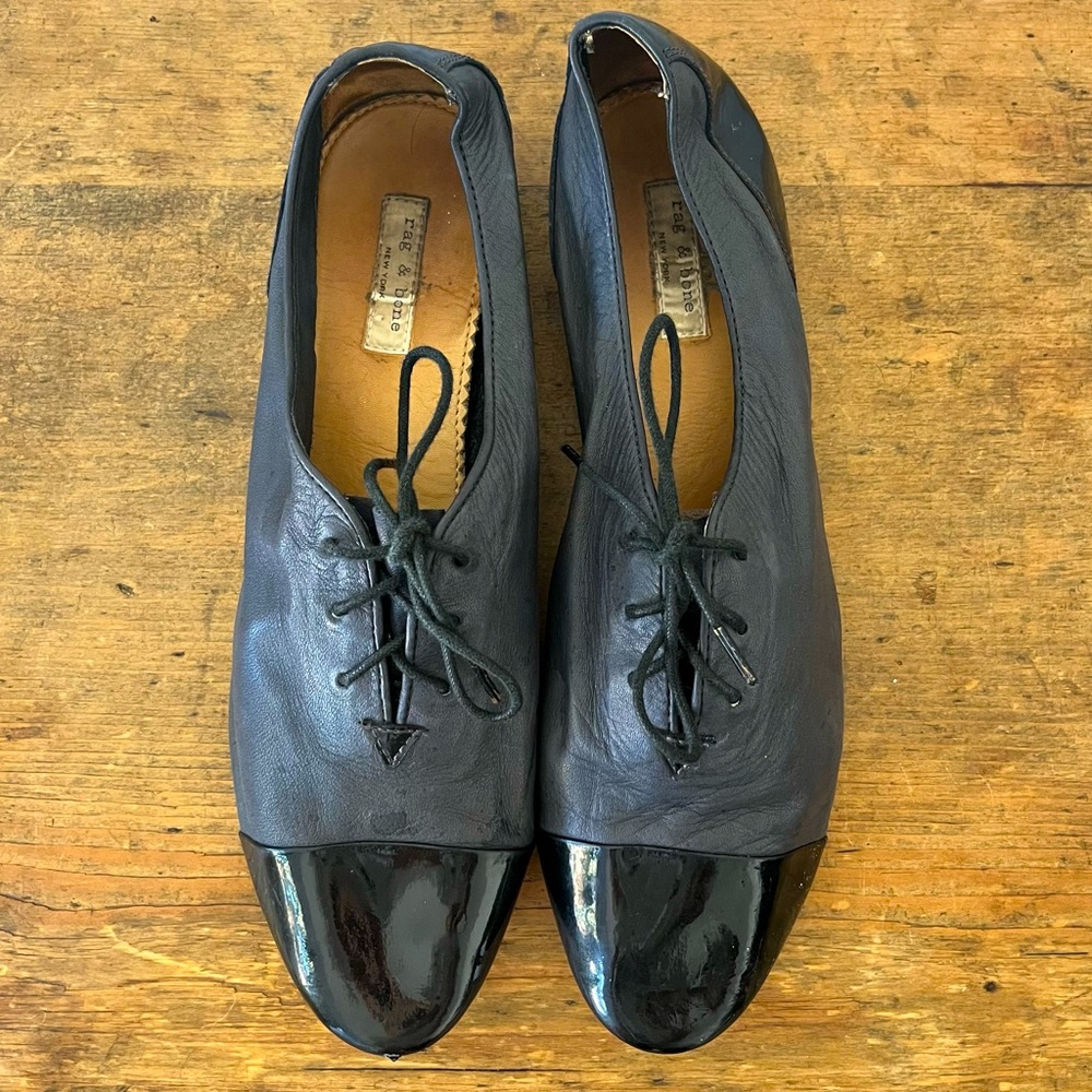 rag & bone ultrasoft black leather lace-up flats with patent leather toes.